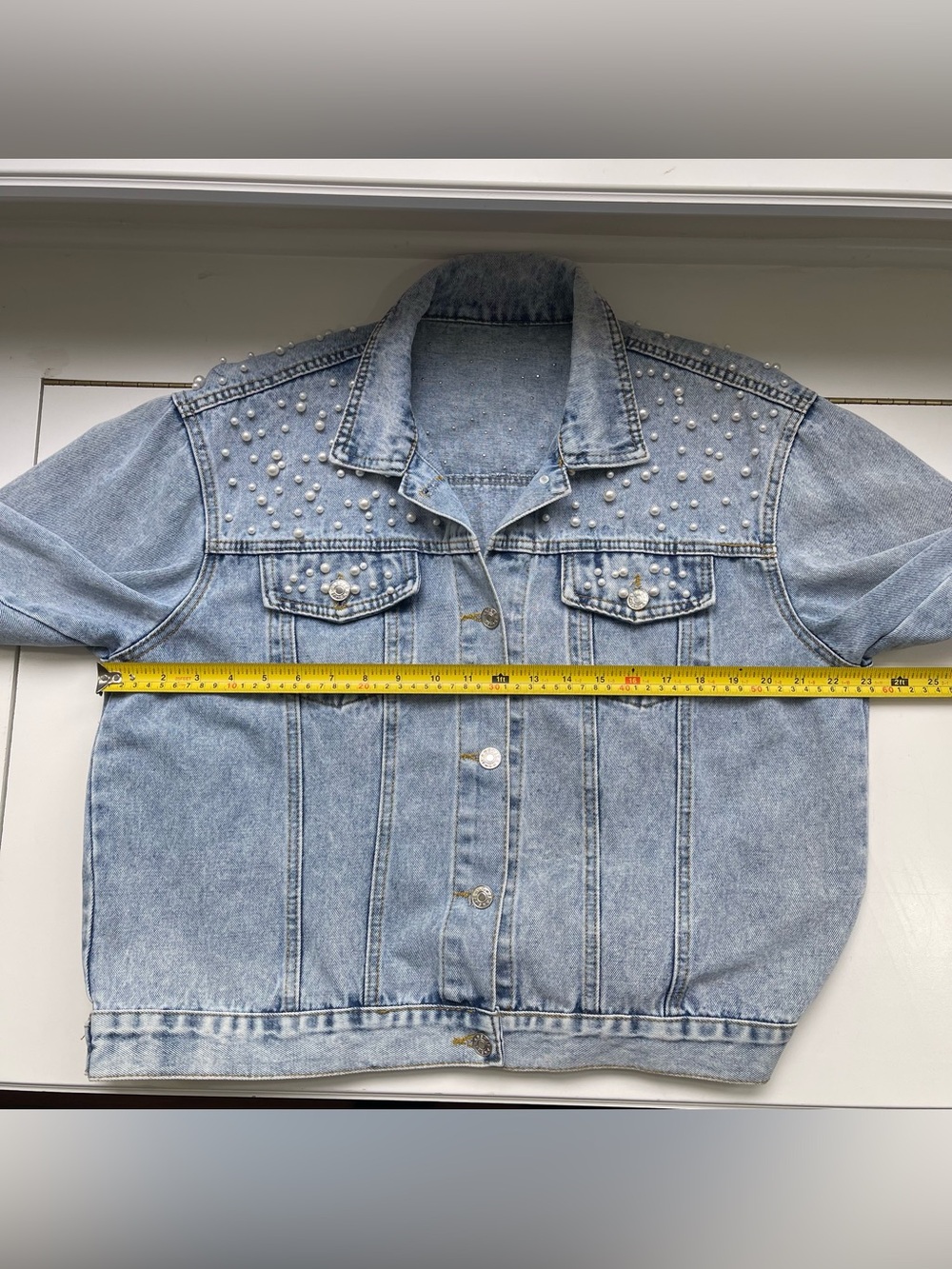 Denim Pearl Embellished Jean Jacket Chest Pockets Stone Washed Light Blue XL - Picture 10 of 13